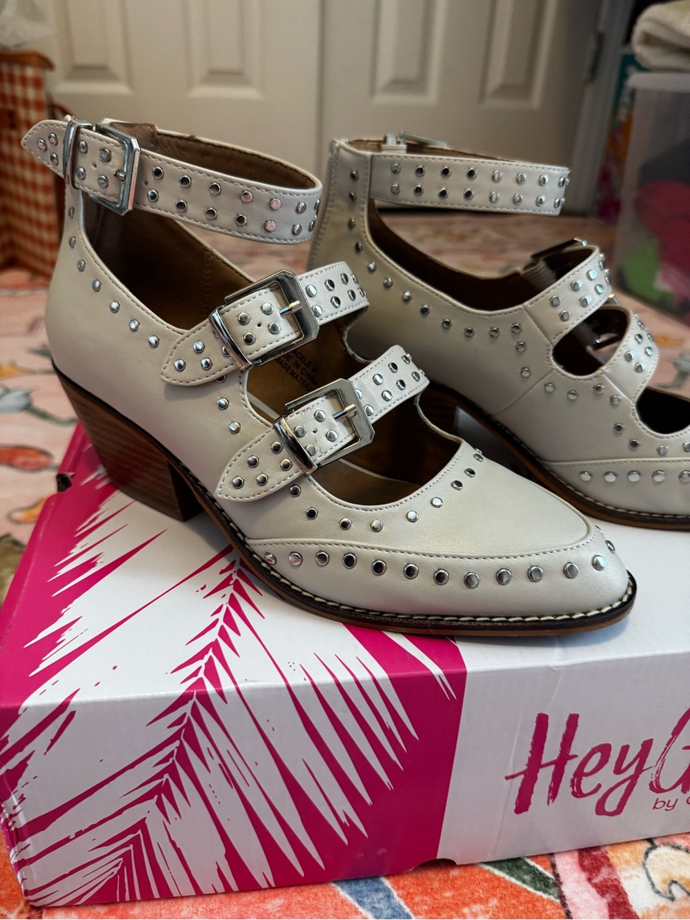 Studded Ivory Triple-Buckle Mary Jane Heels